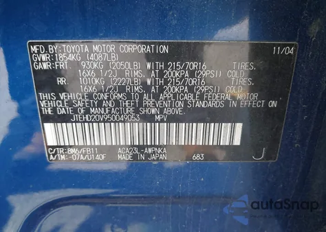 2005 Toyota Rav4 from USA, damaged, VIN JTEHD20V950049053